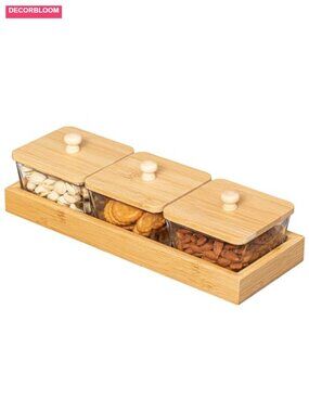 Set of 3 Square Glass Jars with Bamboo Lids and Wooden Tray
